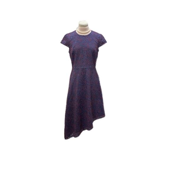 BANANA REPUBLIC Womens 4 Blue Red Lace Overlay Fit Flare Midi Asymmetrical Hem - Picture 1 of 7